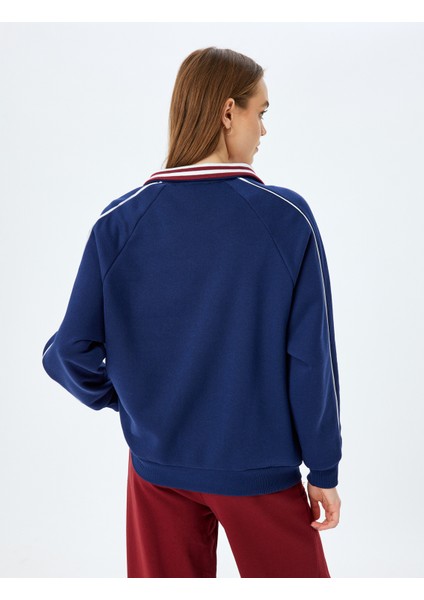Yarım Fermuarlı Kolej Baskılı Biyeli Oversize Sweatshirt