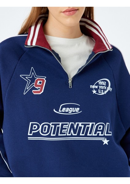 Yarım Fermuarlı Kolej Baskılı Biyeli Oversize Sweatshirt