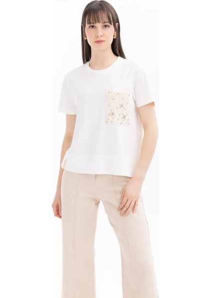 Kadın Taşlı Cep Detaylı Baskılı T-Shirt - Ekru