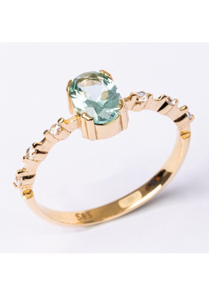 Altın Yüzük - Altın Yüzük - Green Topaz Taşlı Kadın Modern Tasarım 14 Ayar Altın Evlilik Teklifi Yüzüğü