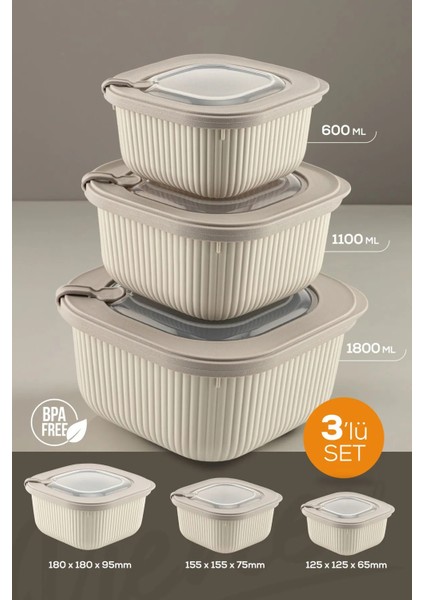 3'lü Kapağıyla Birlikte Mikrodalgaya Uyumlu Saklama Kabı Set 1X600 1X1100 1X1800