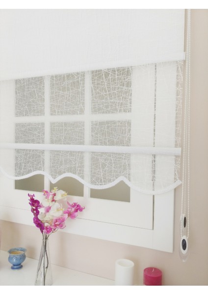 Çiftli Sistem Beyaz Ağ Desenli Tül ve Stor