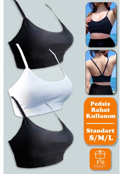 Crop 3'lü Paket Siyah - Beyaz Yarım Atlet Pedsiz Spor Sütyen (SHB3LUPAKET)