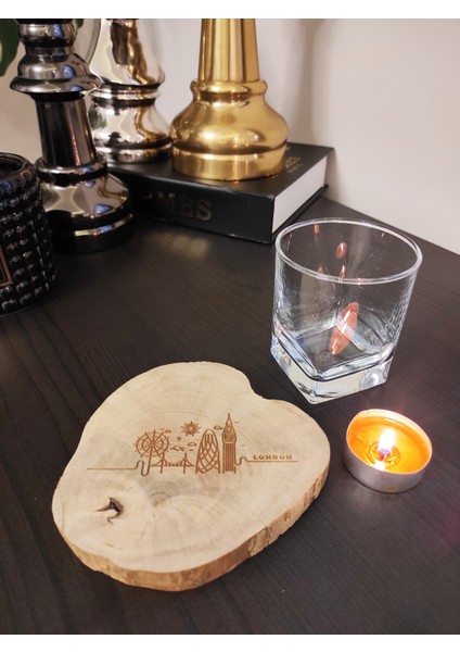 London Siluetli Şimşir Ağacından Bardak Altlığı Wooden Boxwood Coaster