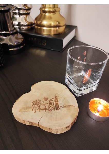 London Siluetli Şimşir Ağacından Bardak Altlığı Wooden Boxwood Coaster