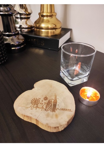 London Siluetli Şimşir Ağacından Bardak Altlığı Wooden Boxwood Coaster