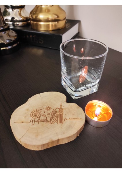 London Siluetli Şimşir Ağacından Bardak Altlığı Wooden Boxwood Coaster