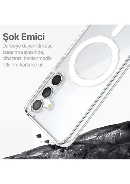 Samsung Galaxy S24 Fe Uyumlu Kılıf 3D Kamera Koruma Magsafe Şarj Özellikli Arkası Sert Kenarları Yumuşak Şeffaf Sararmaz Darbe Emici Kılıf Case