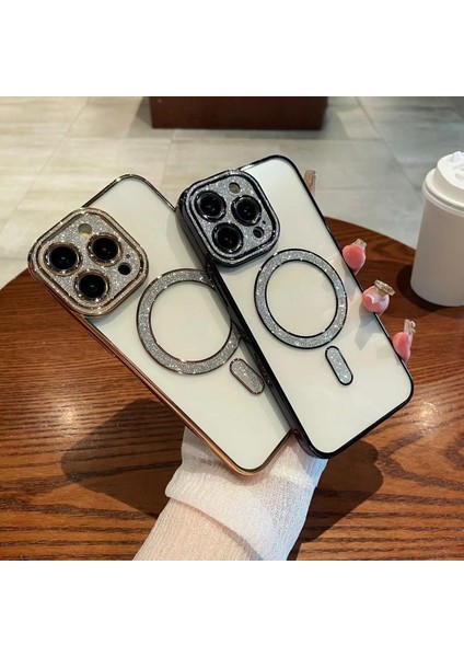 iPhone 16 Pro Max Uyumlu Kılıf Simli Parlak 3D Kamera Korumalı Magsafe Şarj Özellikli Arkası Şeffaf