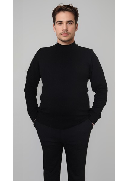 Erkek Slim Fit Siyah Dar Kesim Yarım Balıkçı Yaka Tüylenmeyen Anti-Pilling Yumuşak Dokulu Triko Kazak