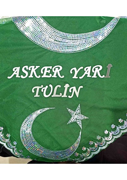 Asker Yari ve Isim Yazılı Yeşil Ayyıldızlı Kına Örtüsü Tirşe Asker Şalı