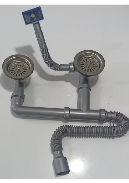 Çöpmak Çiftli Eviye Sifonu Taşmalı Körüklü Gri 11,5 cm