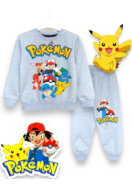 Erkek Çocuk Pokemon Pikaçu Çizgi Film Karakterli Hafif Şardonlu Sweatshirt-Eşofman Takımı