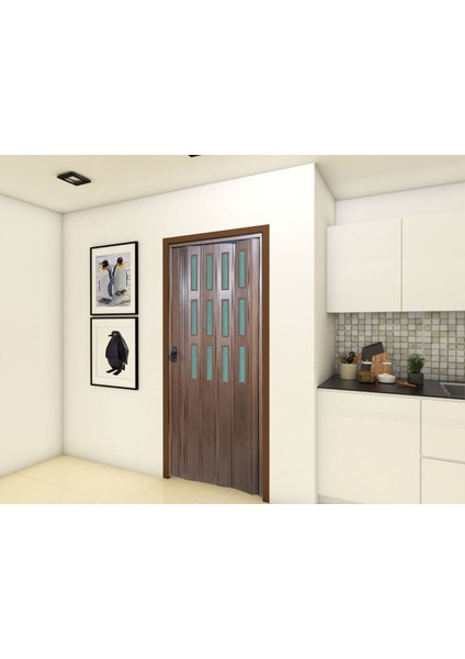 Ceviz Renkli 3 Sıra Camlı 12 mm - En 87 cm Akordiyon Kapı modelleri