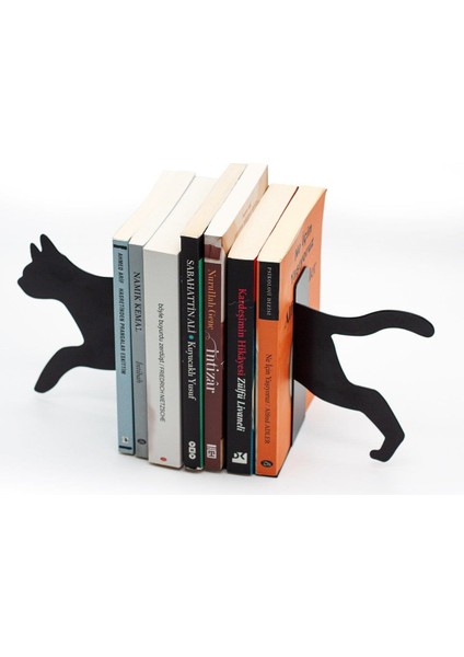 Kedi Figürlü Dekoratif Metal Kitap Tutucu, Kitap Desteği Siyah