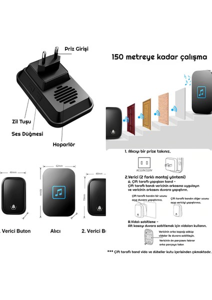 2 Buton 1 Alıcı Pil Gerektirmeyen Kablosuz LED Kapı Zili