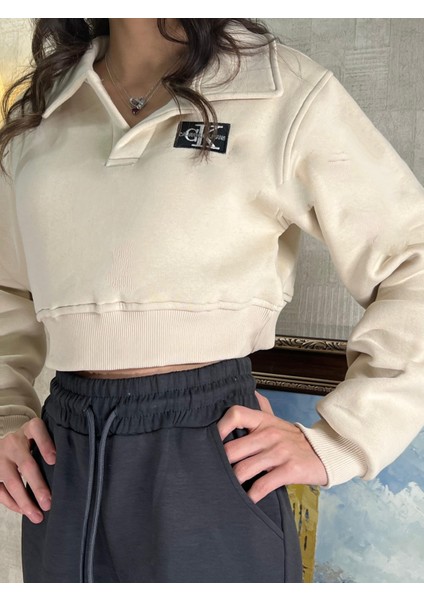 Siyah & Krem 3 Iplik Şardonlu Polo Yaka Crop Kadın Sweatshirt - Şık ve Rahat