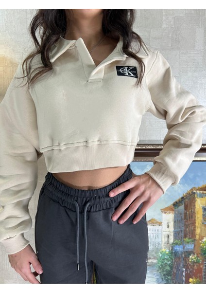 Siyah & Krem 3 Iplik Şardonlu Polo Yaka Crop Kadın Sweatshirt - Şık ve Rahat