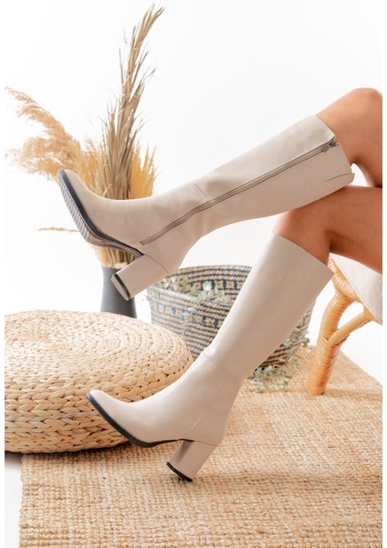 Kadın Lamor Krem Suni Deri Yandan Fermuarlı Diz Altı Çizme Kalın Topuklu modelleri