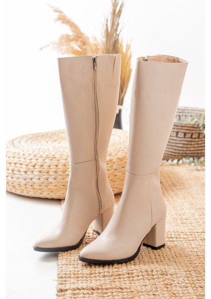 Kadın Lamor Krem Suni Deri Yandan Fermuarlı Diz Altı Çizme Kalın Topuklu fırsatları