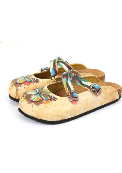 G252 Kelebek Desen Baskılı Burnu Kapalı Bej Sabo Kadın Terlik