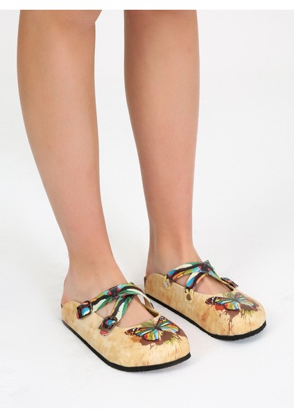 G252 Kelebek Desen Baskılı Burnu Kapalı Bej Sabo Kadın Terlik fiyatları