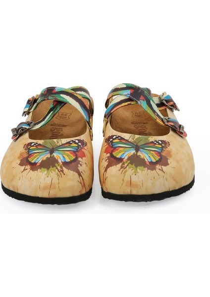 G252 Kelebek Desen Baskılı Burnu Kapalı Bej Sabo Kadın Terlik modelleri