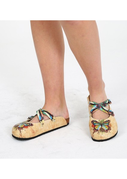 G252 Kelebek Desen Baskılı Burnu Kapalı Bej Sabo Kadın Terlik indirimleri