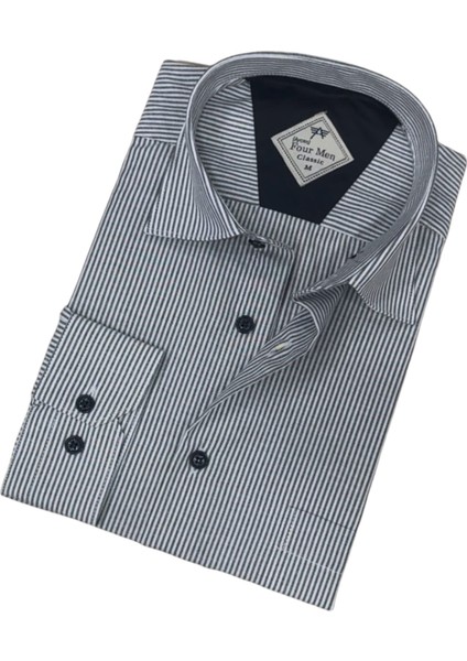 Klasik Kesim Çizgili Uzun Kollu Erkek Gömlek