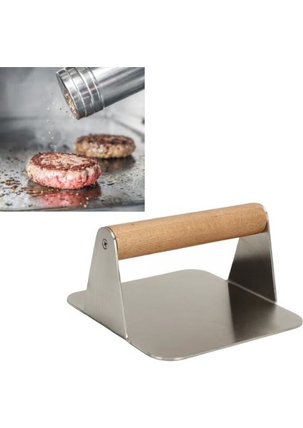 Kare Smash Burger Presi,12 cm ,3 mm 304 Paslanmaz Çelik Burger Presi, Ahşap Saplı , Ağır Hizmet Burger Şutu,