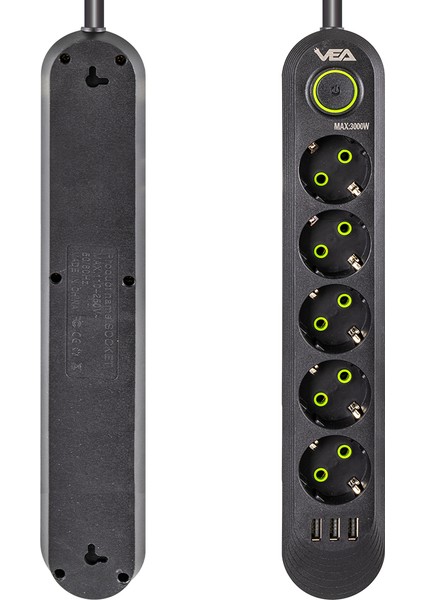 5li 1.5 Metre Kablolu 3 Usbli Siyah Akım Korumalı Priz (4886)