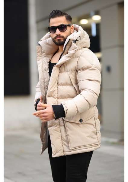 Erkek Kapşonlu Torba Cepli Kışlık Uzun Mont