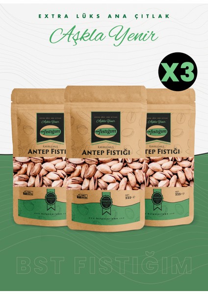 Antep Fıstığı (Kabuklu-Kavrulmuş) Extra Lüks Ana Çıtlak 225 Gram, 3'lü Paket