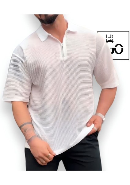 Oversize Fermurlı Polo Yaka T-Shirt