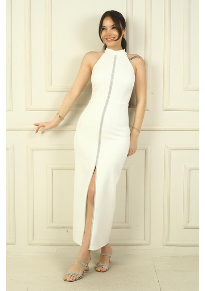 Kadın Halter Yaka Önü Yırtmaçlı Ortası Taş Şeritli Uzun Krep Elbise