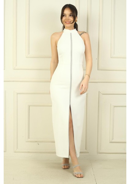 Kadın Halter Yaka Önü Yırtmaçlı Ortası Taş Şeritli Uzun Krep Elbise modelleri