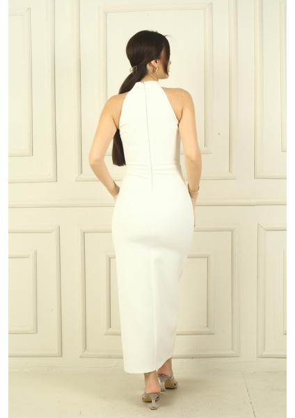 Kadın Halter Yaka Önü Yırtmaçlı Ortası Taş Şeritli Uzun Krep Elbise fırsatları