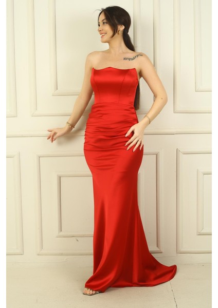 Kadın Önü Büzgülü Astarlı Balık Saten Elbise modelleri