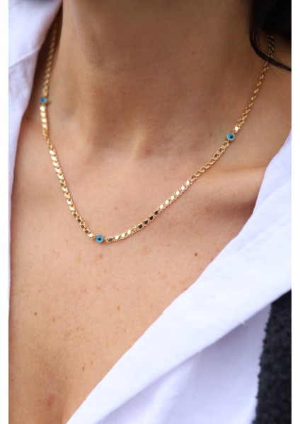 14 Ayar Altın Nazarlık Detaylı Pullu Kolye