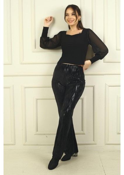 Kadın Beli Lastikli Zigzag Desenli Likralı Pantolon