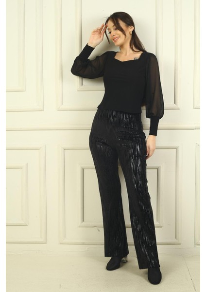 Kadın Beli Lastikli Zigzag Desenli Likralı Pantolon