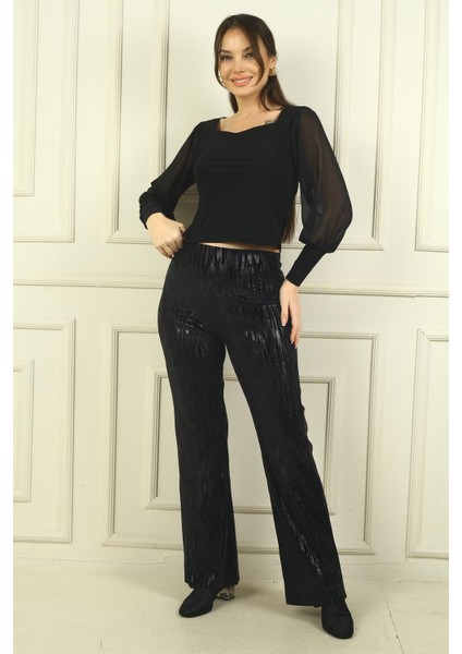 Kadın Beli Lastikli Zigzag Desenli Likralı Pantolon