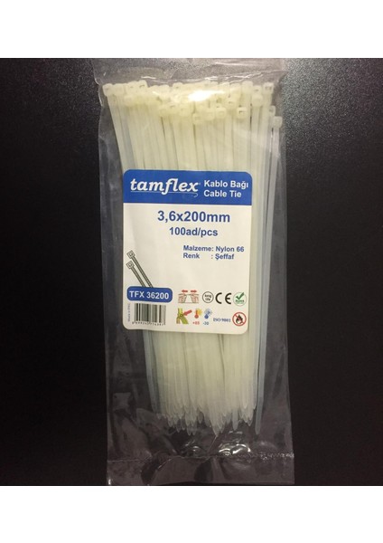 3.6 x 200 mm (20 cm) Kırık Beyaz Kablo Bağı Cırt Kelepçe 100 Adet