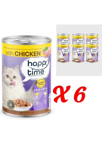 Happy Time Yetişkin Kediler Için Tavuk Parça Etli Konserve 6X400 gr