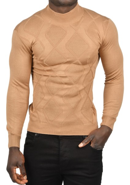 Örme Baklava Desenli Slim Fit Yarım Balıkçı Yaka Boğazlı Kazak 2505511