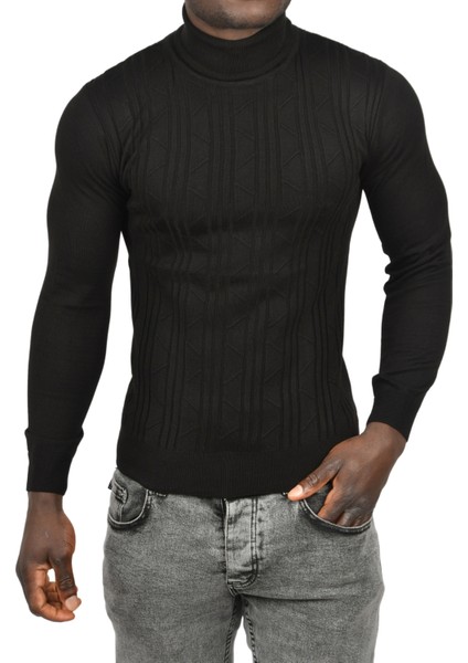 Çizgili Kabartma Desenli Tam Balıkçı Yaka Boğazlı Kazak 2505509