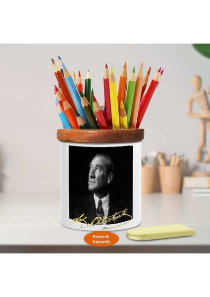 Göğe Bakan Mustafa Kemal Atatürk Ahşap Seramik Kalemlik-Ata