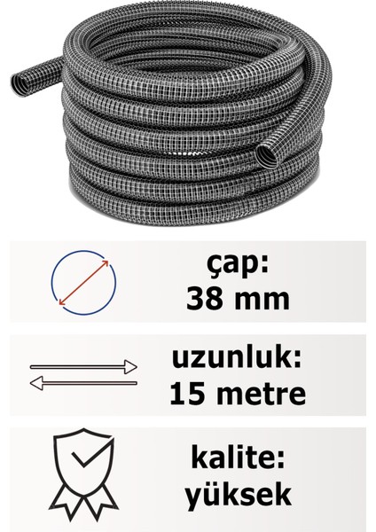 15 Metre Üniversal Süpürge Çelik Telli Hortumu 38 mm Çaplı