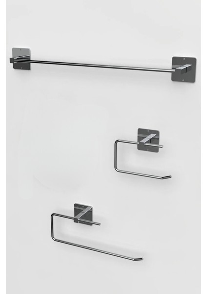 Yapışkanlı Gümüş Uzun Havluluk Wc Kağıtlık ve Kare Havluluk Banyo Mutfak 3'lü Set