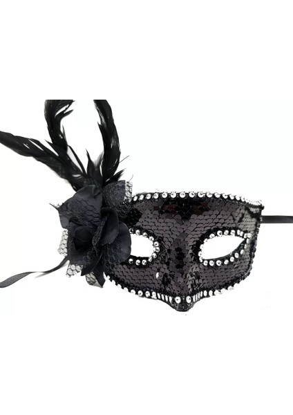 Siyah Renk Yandan Tüylü Güllü Gümüş Taşlı Pullu Maske 20X22 cm fiyatları